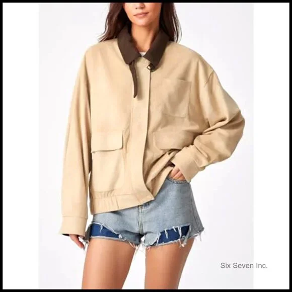 Oversized Faux Suede Bomber Jacket Corduroy Collar Vintage Barn Coat Chic - Picture 4 of 7